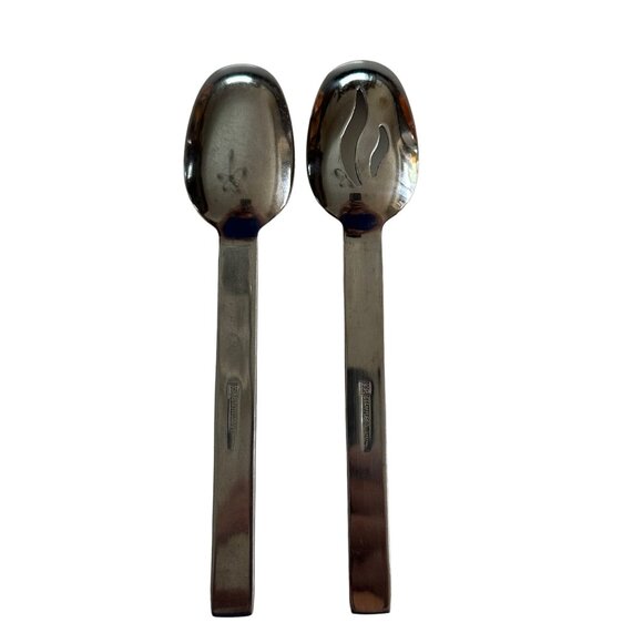 Serving Spoon Stainless Steel Aztec Pattern JPF3 JCPenney Flatware Slotted 2 PCS - Picture 2 of 13